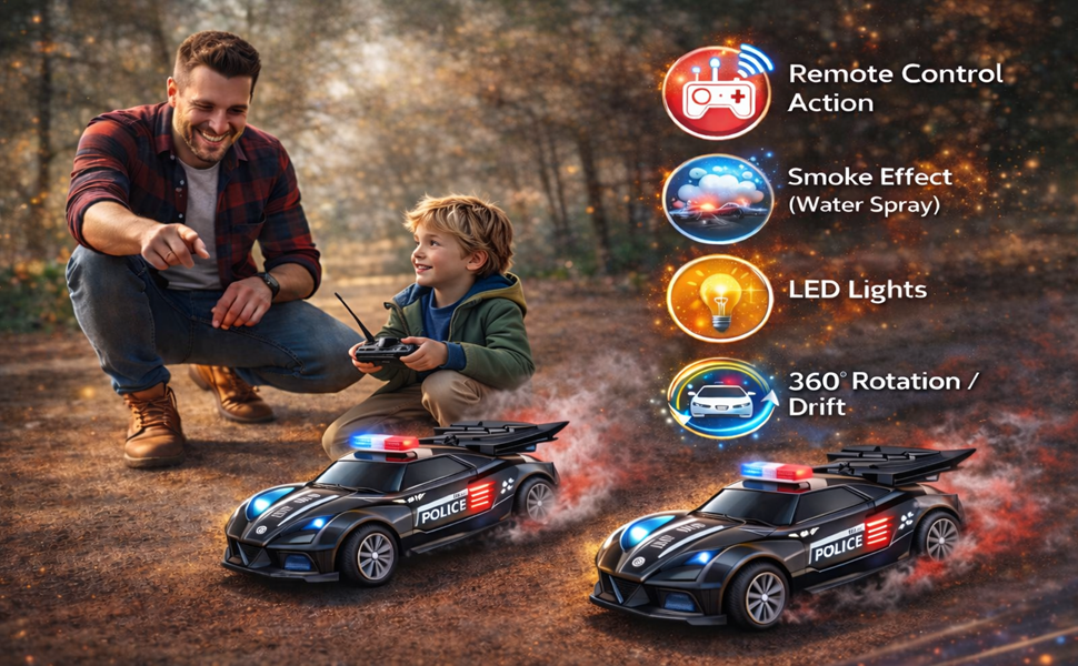 Remote Control Police Car Toy with Smoke Effect & LED Lights, Fast Rechargeable RC Car for Kids