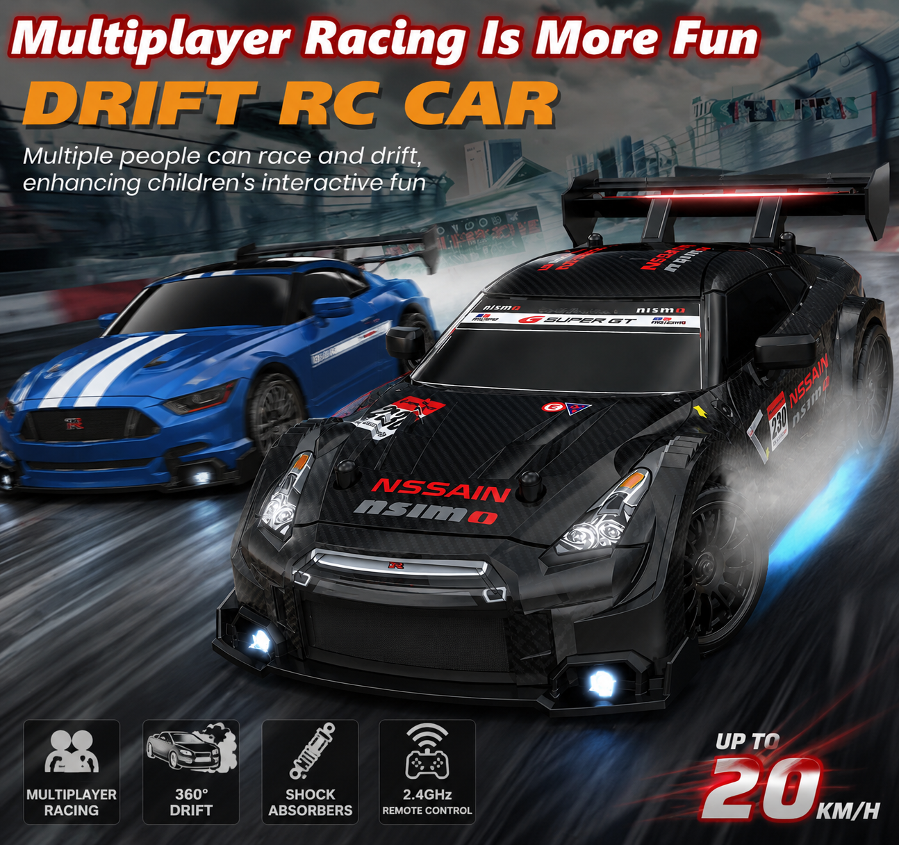 🏁 Remote Control Drift Car with Racing & Drift Tire Set, 4WD High-Speed RC Car, LED Lights & Rechargeable Battery for Kids