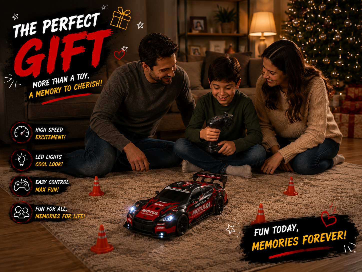 🏁 Remote Control Drift Car with Racing & Drift Tire Set, 4WD High-Speed RC Car, LED Lights & Rechargeable Battery for Kids