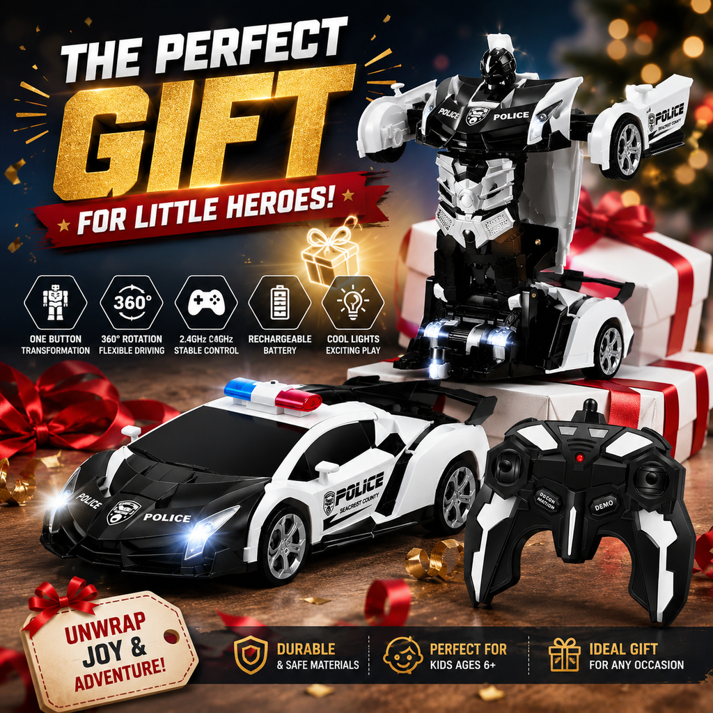 2.4GHz Remote Control Transforming Police Car Robot Toy with Lights, Rechargeable Battery & 360° Rotation