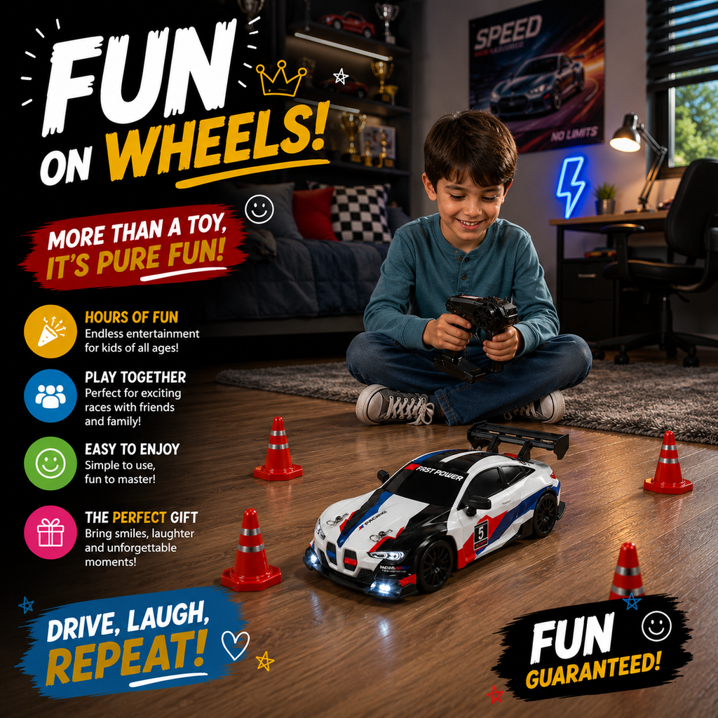 RC Racing Drift Car, 2.4GHz Controller, Extra Wheels & Cones, LED Lights & Rechargeable Battery for Kids