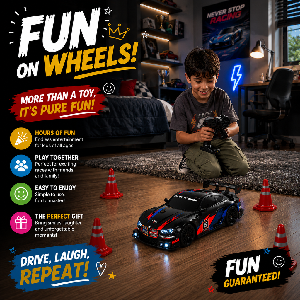RC Racing Drift Car, 2.4GHz Controller, Extra Wheels & Cones, LED Lights & Rechargeable Battery for Kids