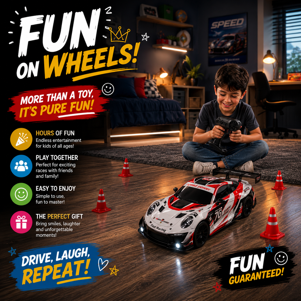 2.4GHz RC Drift Racing Car with Extra Tires & Cones, LED Lights & Rechargeable Battery for Kids