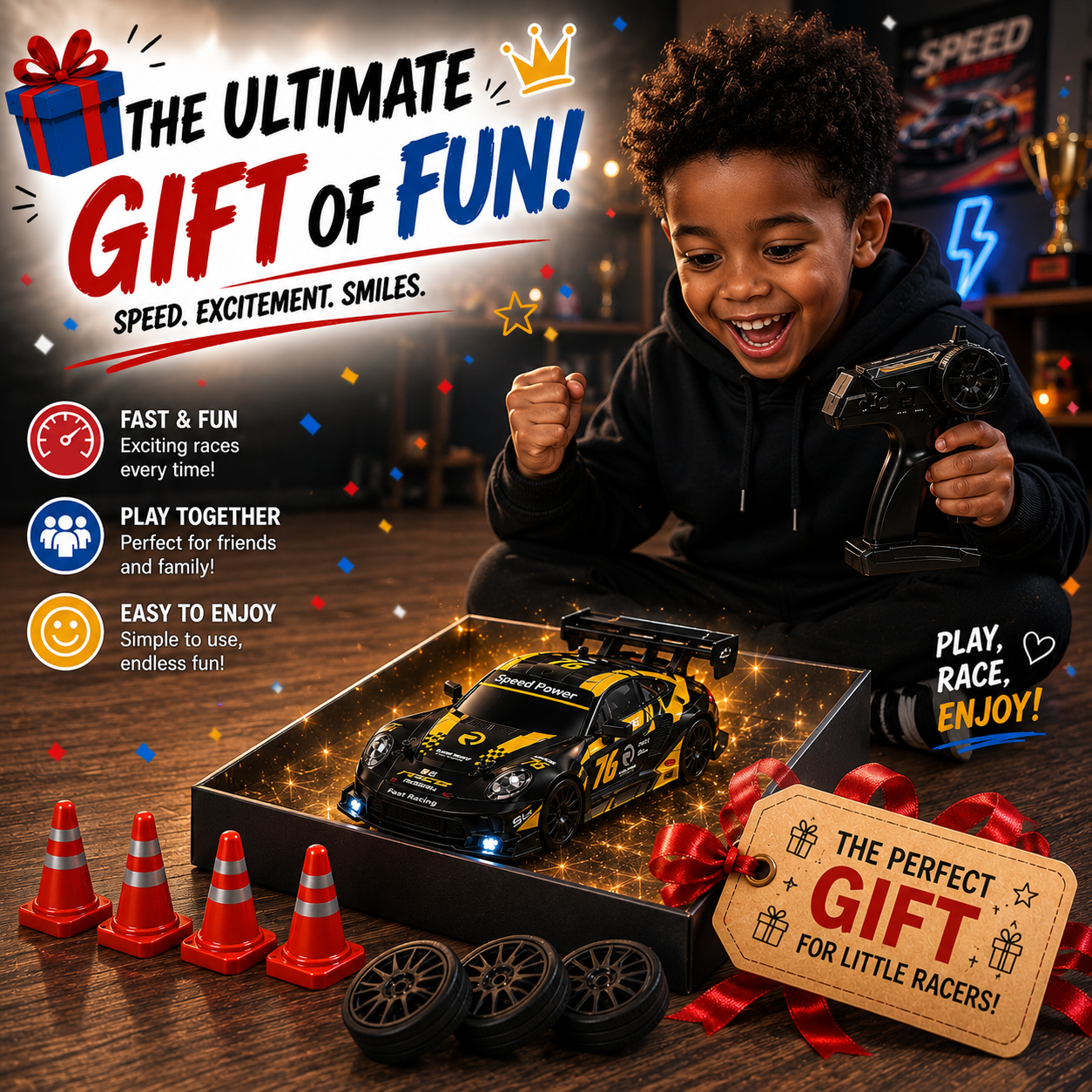 2.4GHz RC Drift Racing Car with Extra Tires & Cones, LED Lights & Rechargeable Battery for Kids