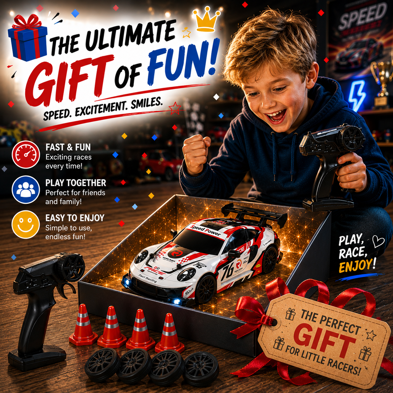 2.4GHz RC Drift Racing Car with Extra Tires & Cones, LED Lights & Rechargeable Battery for Kids