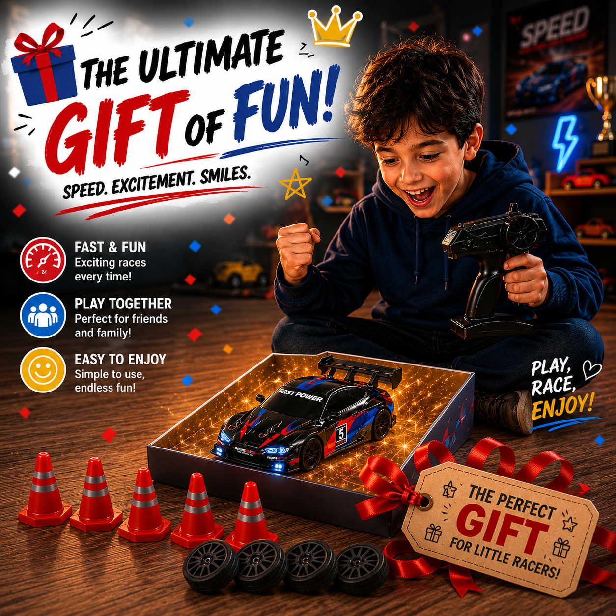RC Racing Drift Car, 2.4GHz Controller, Extra Wheels & Cones, LED Lights & Rechargeable Battery for Kids