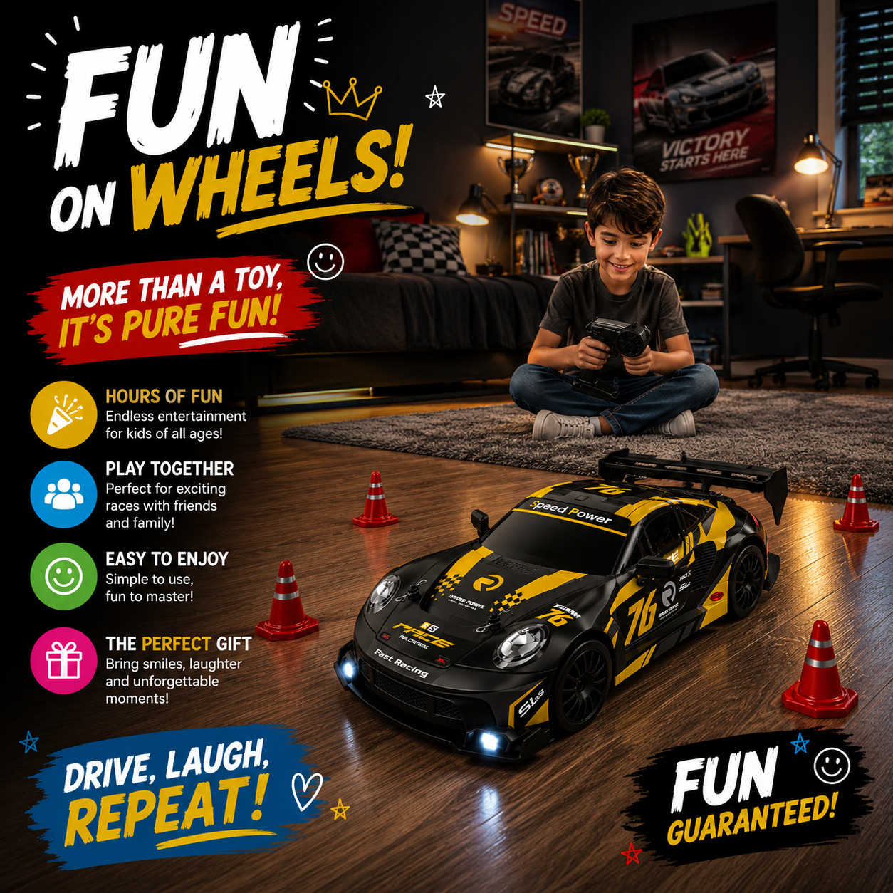 2.4GHz RC Drift Racing Car with Extra Tires & Cones, LED Lights & Rechargeable Battery for Kids