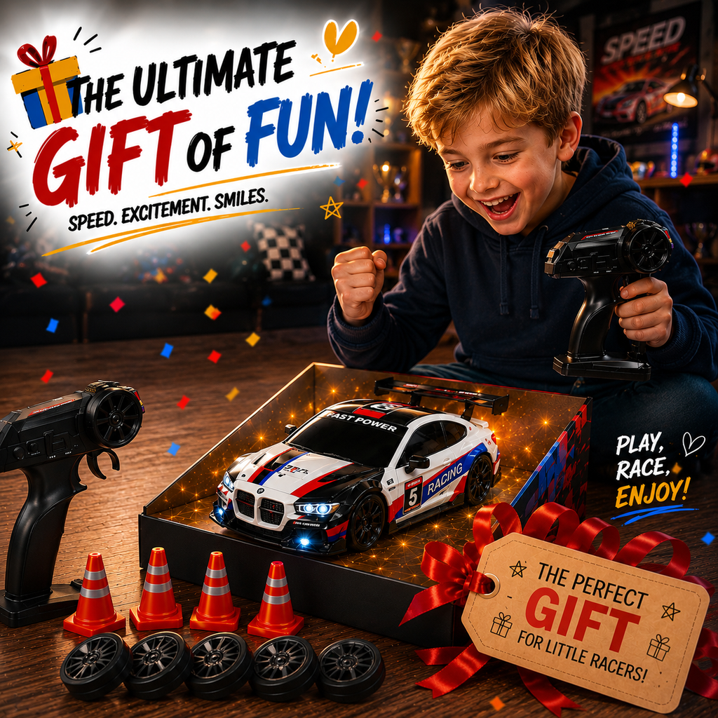 RC Racing Drift Car, 2.4GHz Controller, Extra Wheels & Cones, LED Lights & Rechargeable Battery for Kids