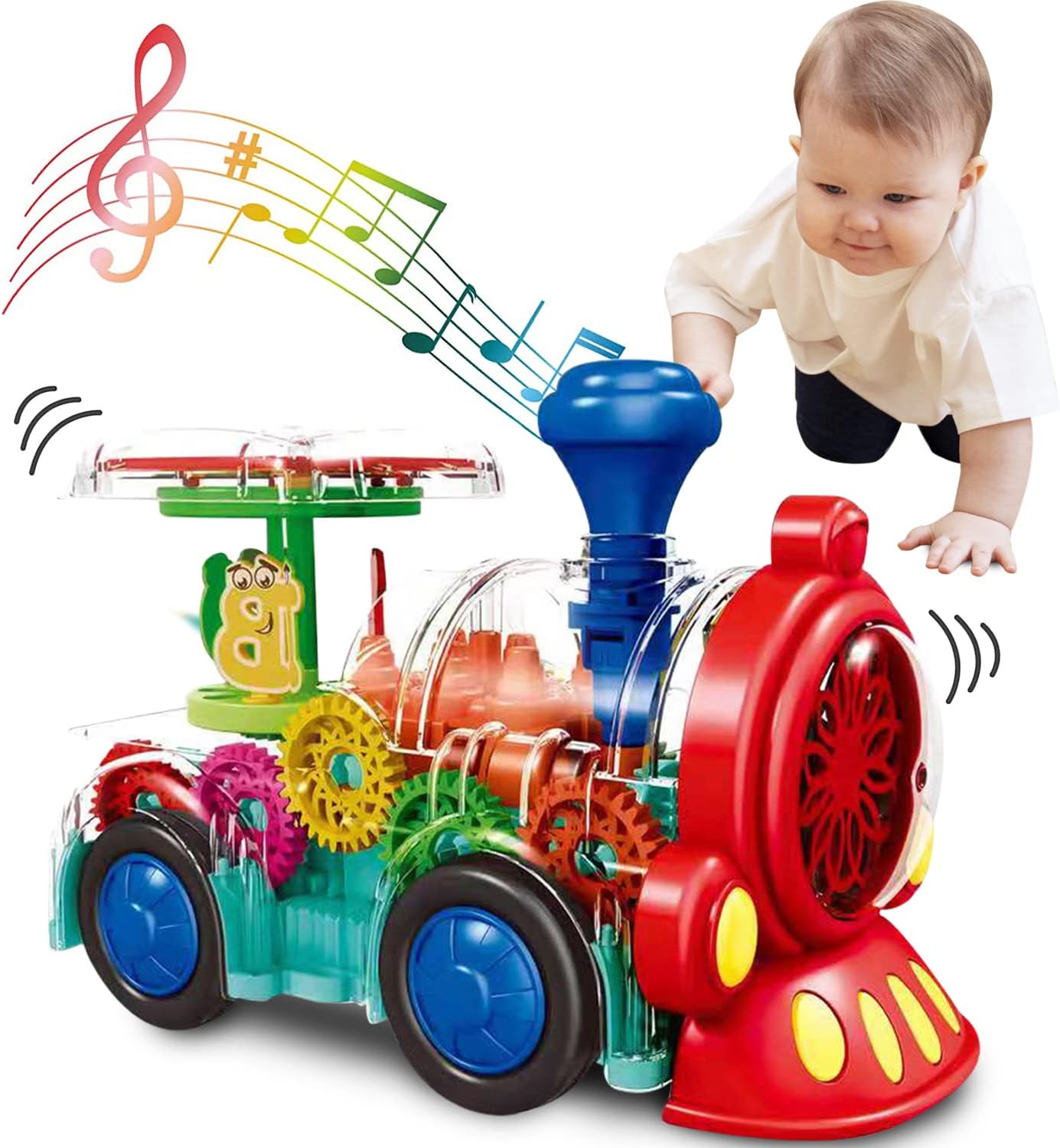 Transparent Sensory Train Toy for Kids - Lights, Music & Moving Gears