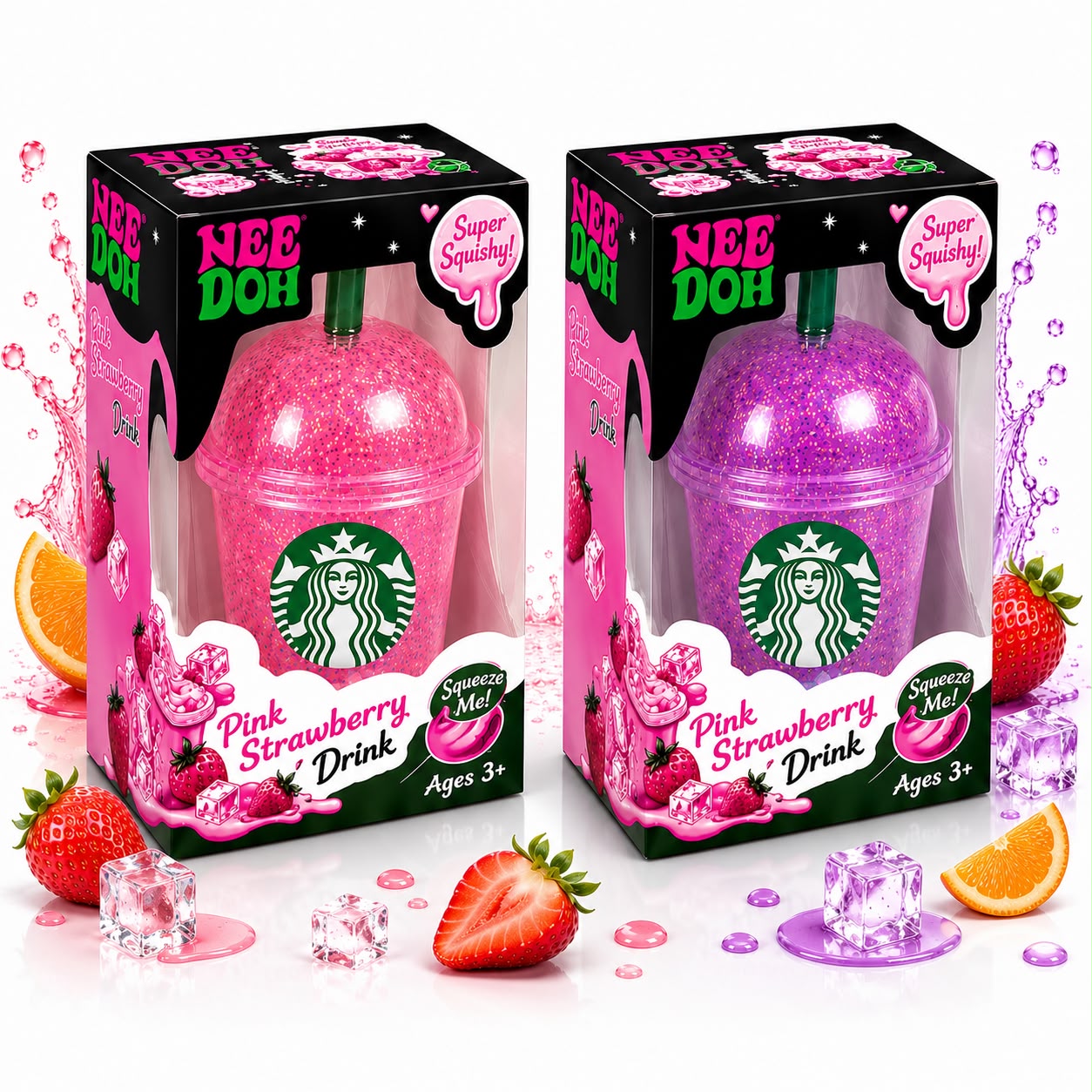 NeeDoh Strawberry Drink Squishy Toy Pink or Purple Random Color