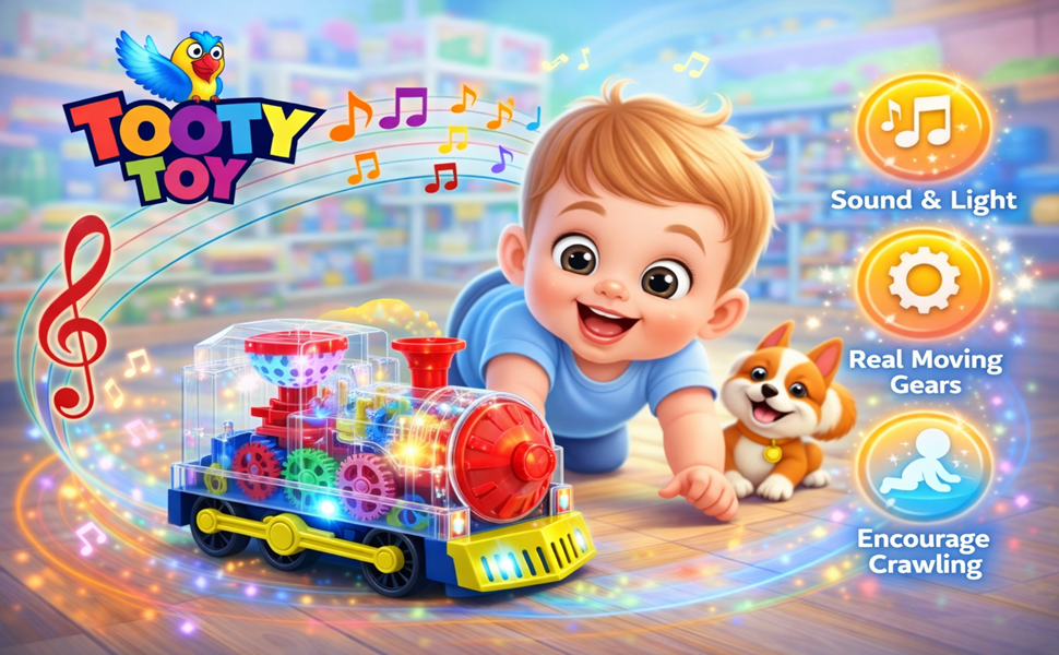 Light Up Transparent Gear Train Toy for Kids, Musical LED Crawling & Tummy Time Baby Toy