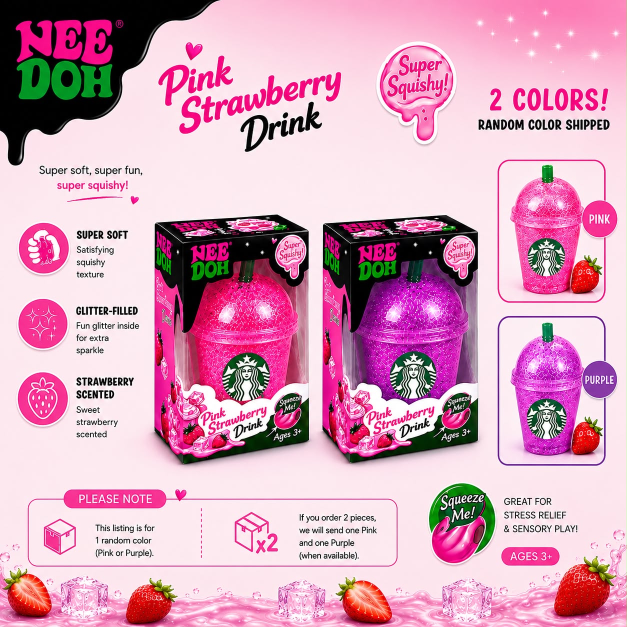 NeeDoh Strawberry Drink Squishy Toy Pink or Purple Random Color