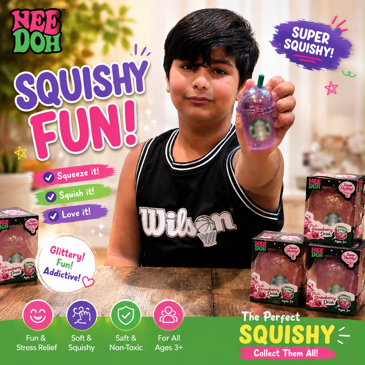 NeeDoh Strawberry Drink Squishy Toy Pink or Purple Random Color