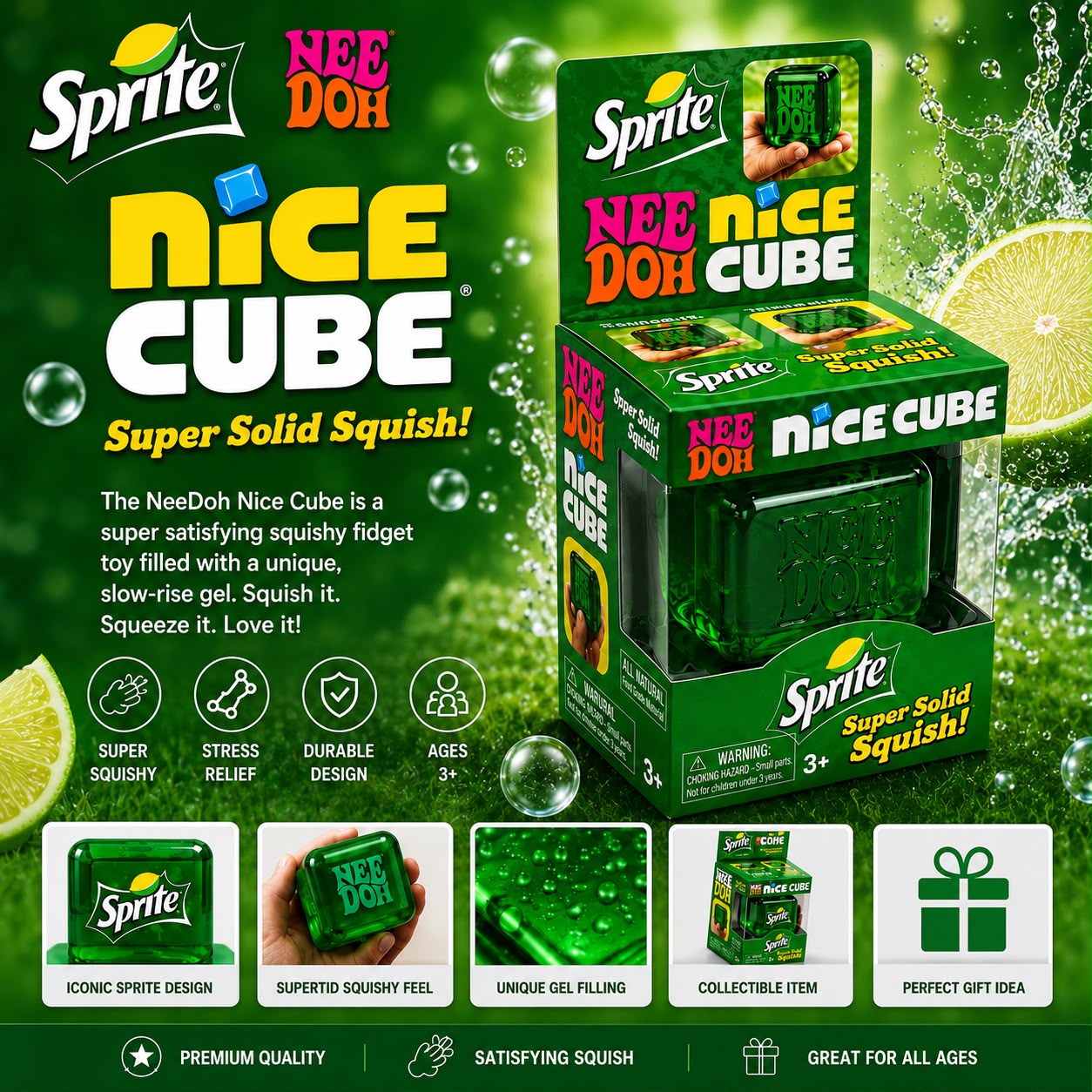 Needoh Nice Cube Green Squishy Stress Relief Fidget Toy Soda Style