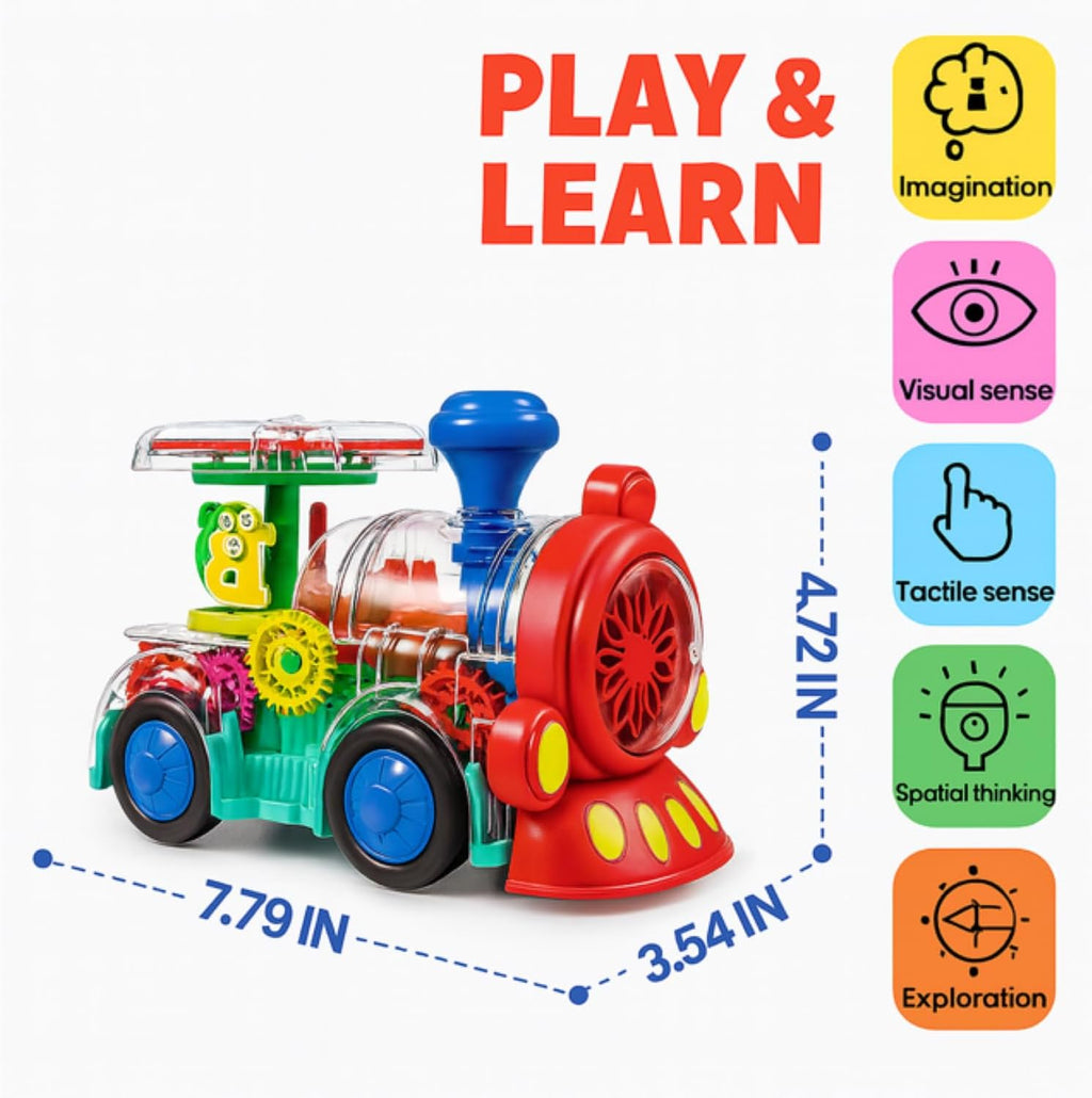 Transparent Sensory Train Toy for Kids - Lights, Music & Moving Gears