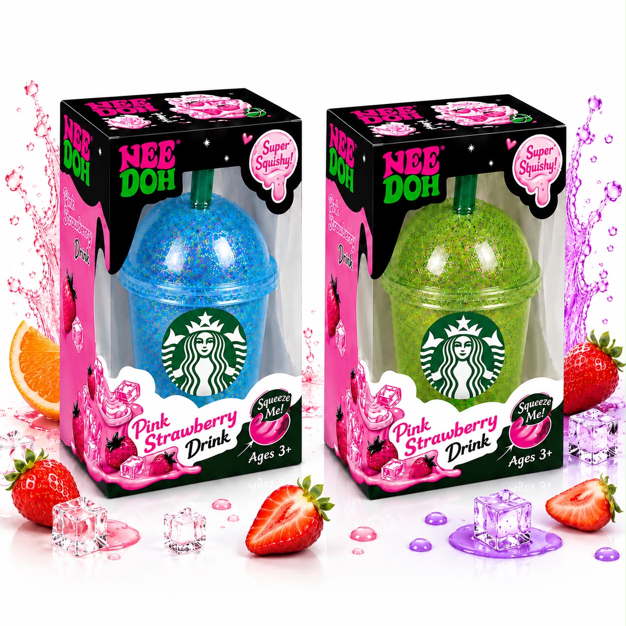 NeeDoh Strawberry Drink Squishy Toy Blue or Green Random Color