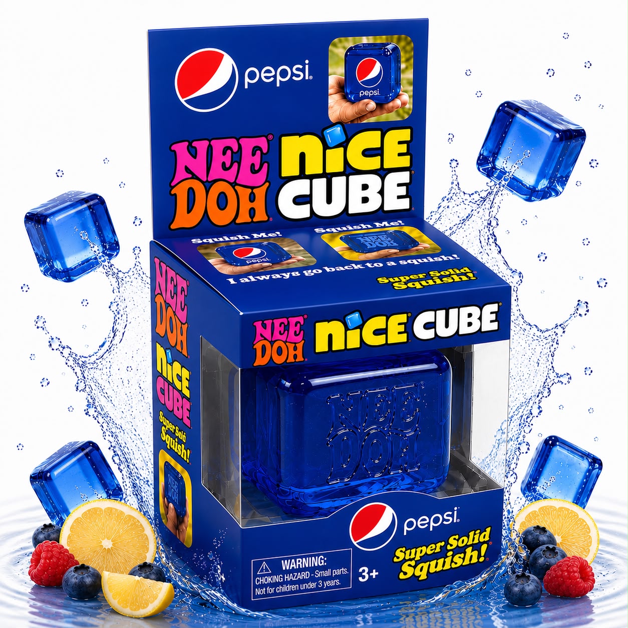Needoh Nice Cube Blue Squishy Stress Relief Fidget Toy Soda Style