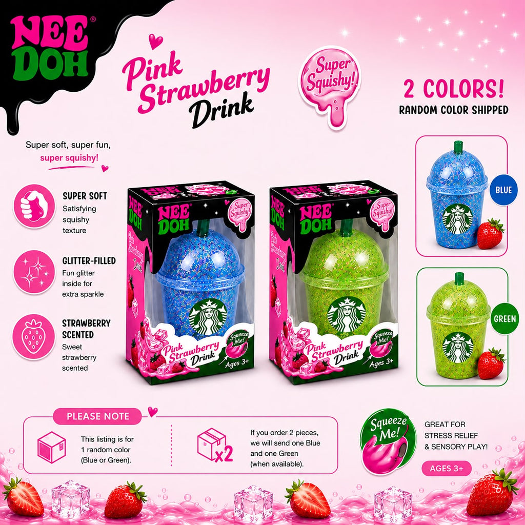 NeeDoh Strawberry Drink Squishy Toy Blue or Green Random Color