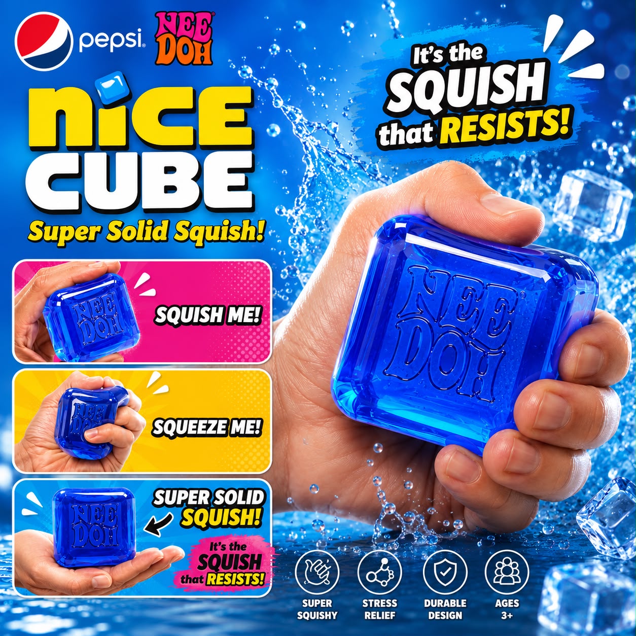 Needoh Nice Cube Blue Squishy Stress Relief Fidget Toy Soda Style