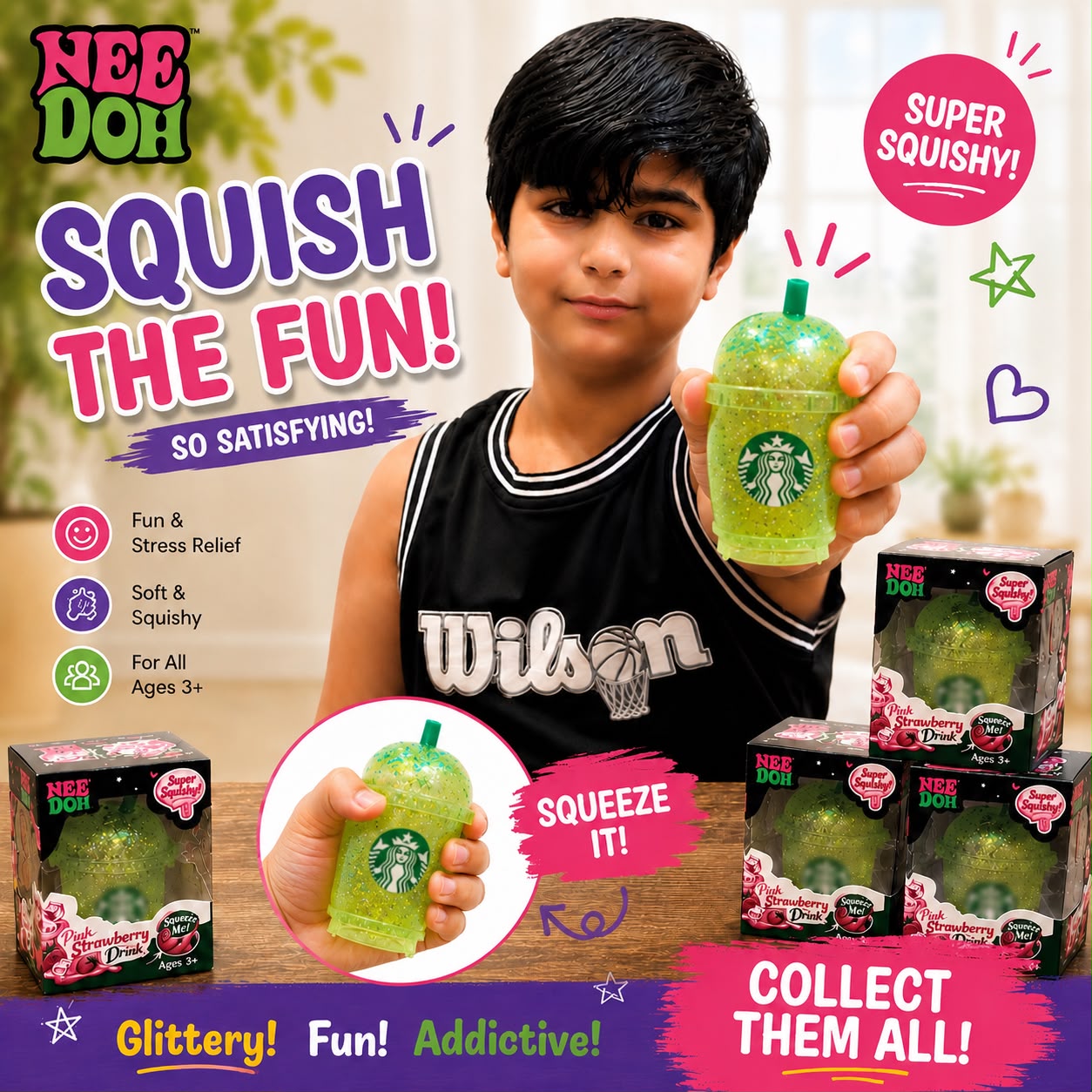 NeeDoh Strawberry Drink Squishy Toy Blue or Green Random Color