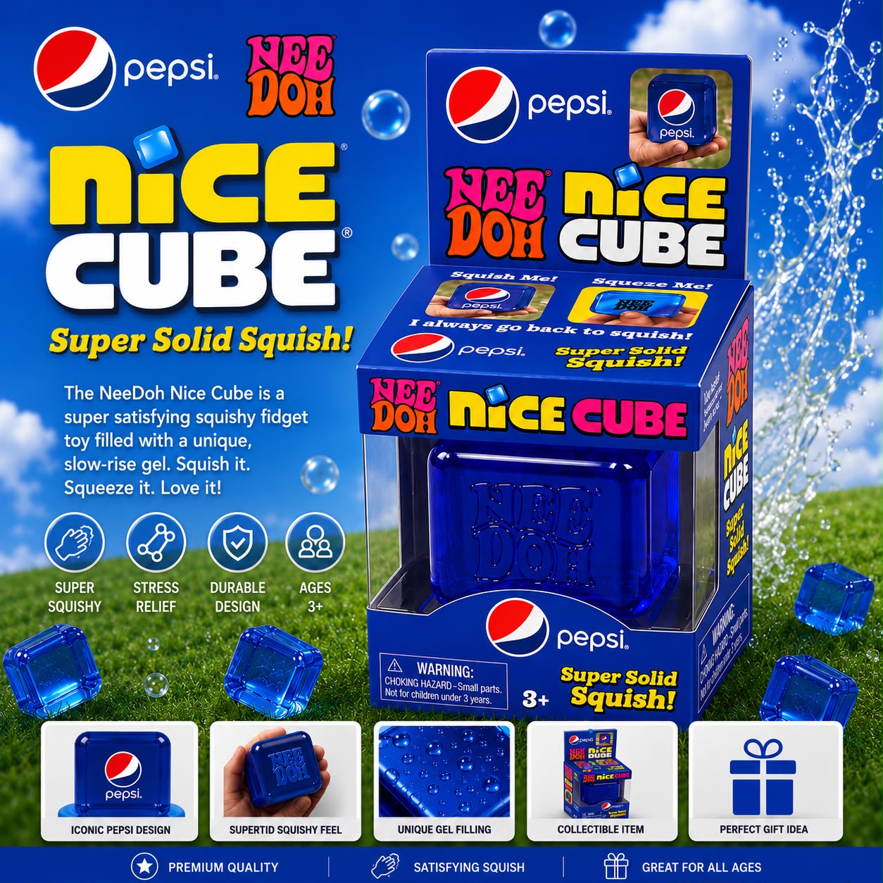 Needoh Nice Cube Blue Squishy Stress Relief Fidget Toy Soda Style