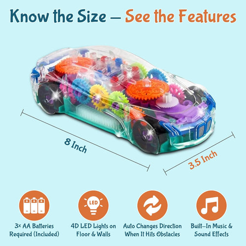 Transparent Sensory Gear Toy Car for Kids, Moving Gears, Music & LED Lights