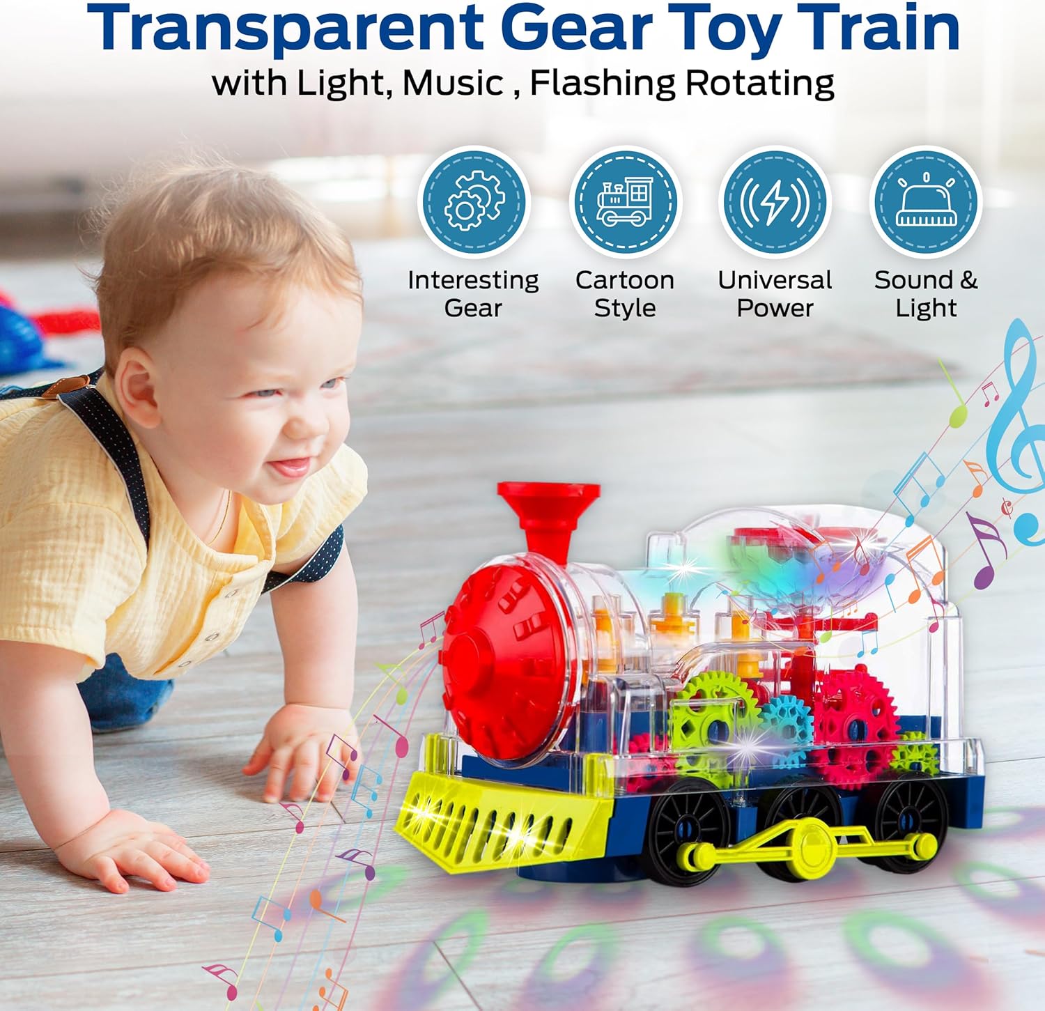 Light Up Transparent Gear Train Toy for Kids, Musical LED Crawling & Tummy Time Baby Toy