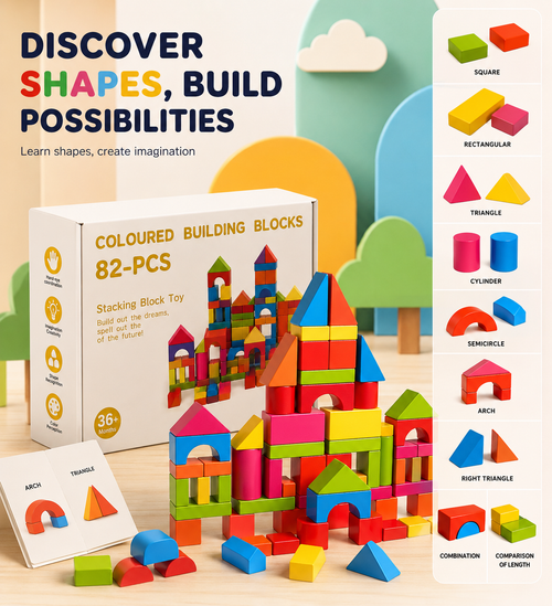 82 PCS Wooden Building Blocks Set for Kids – Colorful Educational Stacking & Creative Learning Toy