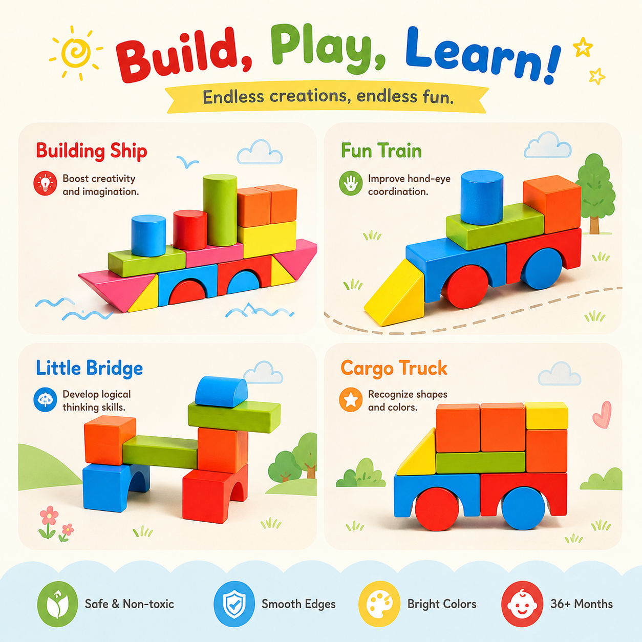 82 PCS Wooden Building Blocks Set for Kids – Colorful Educational Stacking & Creative Learning Toy