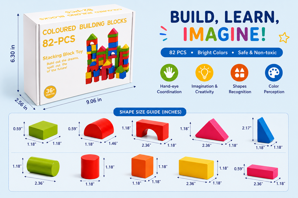 82 PCS Wooden Building Blocks Set for Kids – Colorful Educational Stacking & Creative Learning Toy