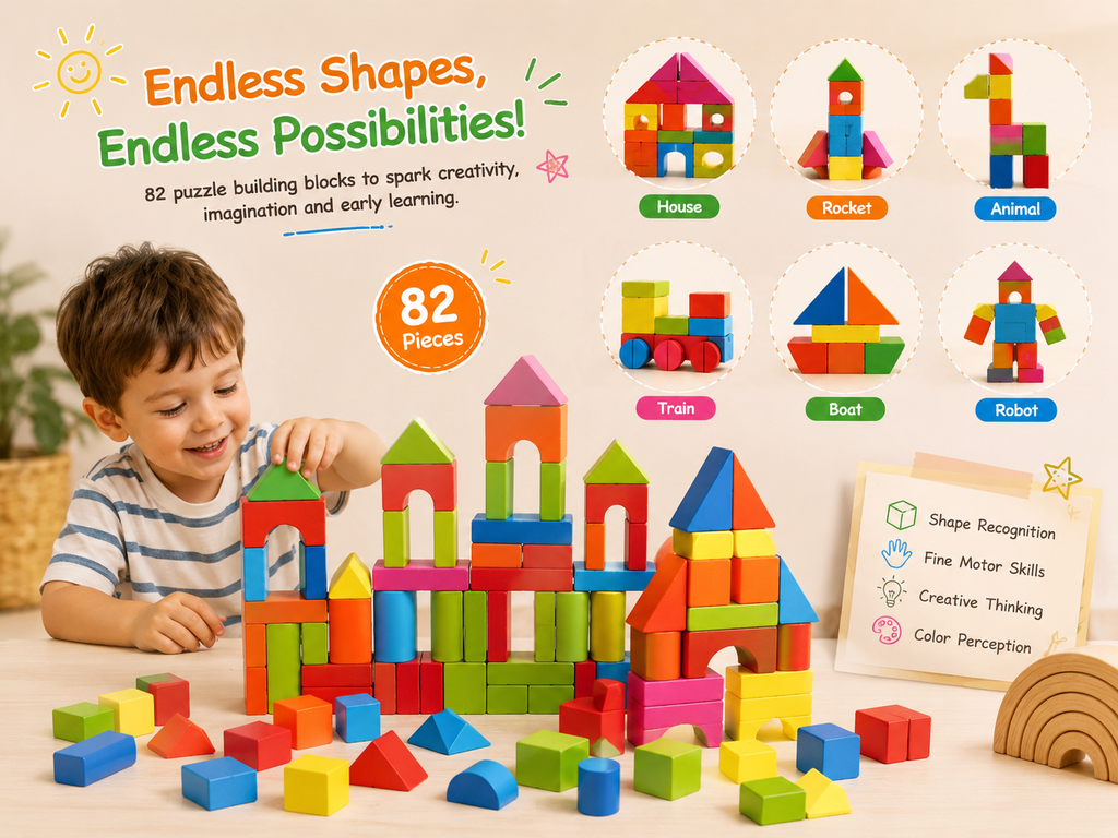 82 PCS Wooden Building Blocks Set for Kids – Colorful Educational Stacking & Creative Learning Toy