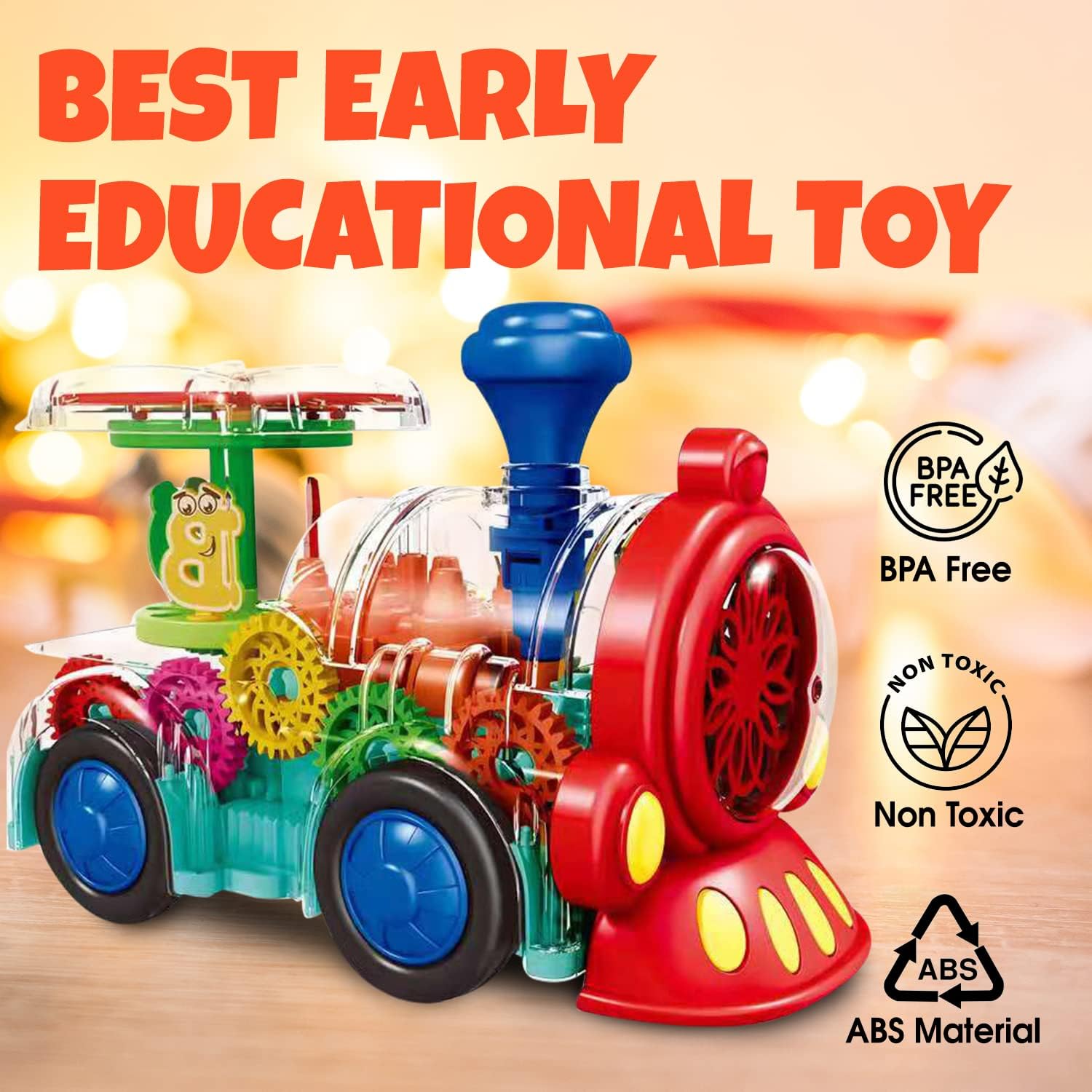 Transparent Sensory Train Toy for Kids - Lights, Music & Moving Gears
