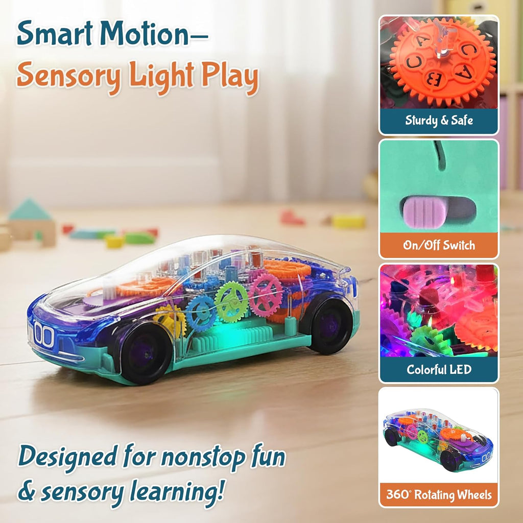 Transparent Sensory Gear Toy Car for Kids, Moving Gears, Music & LED Lights