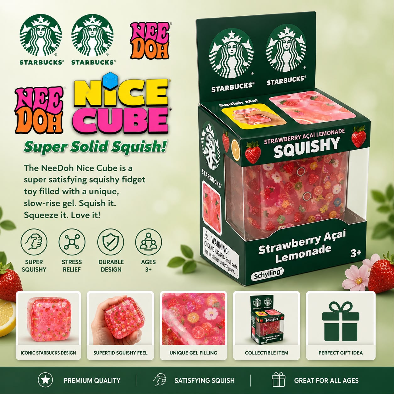 Needoh Strawberry Squishy Stress Relief Sensory Fidget Toy Fruit Style