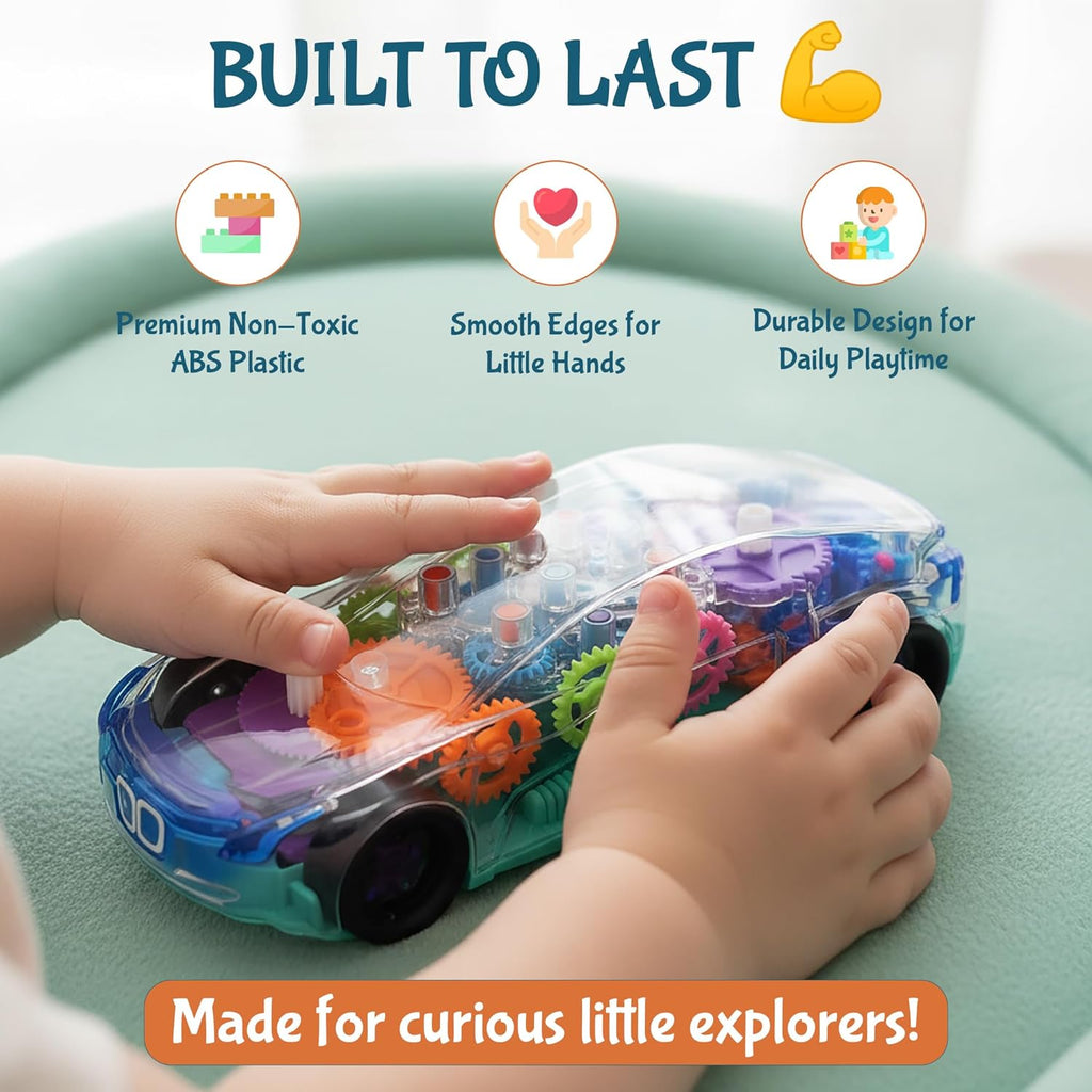 Transparent Sensory Gear Toy Car for Kids, Moving Gears, Music & LED Lights