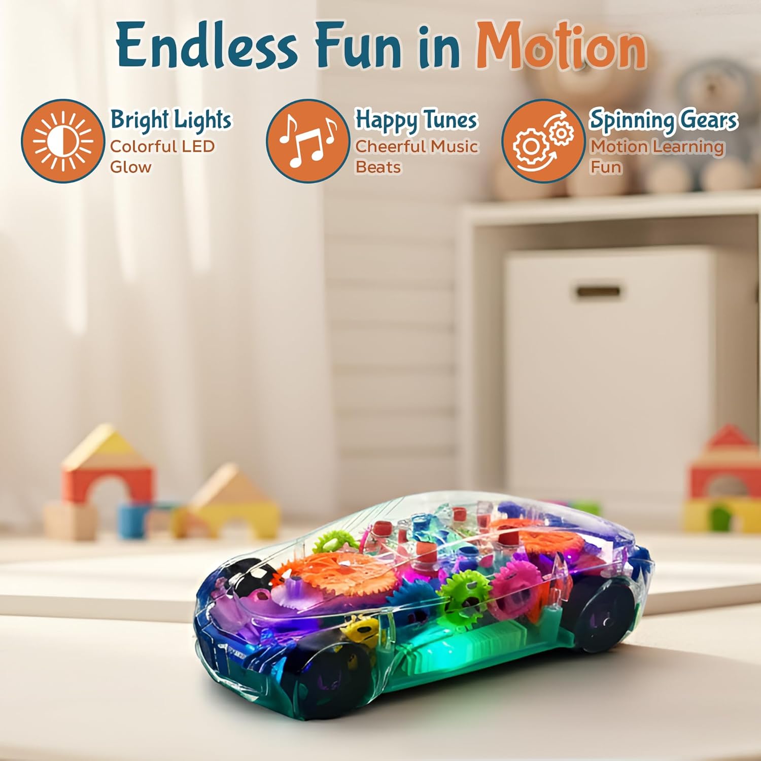 Transparent Sensory Gear Toy Car for Kids, Moving Gears, Music & LED Lights