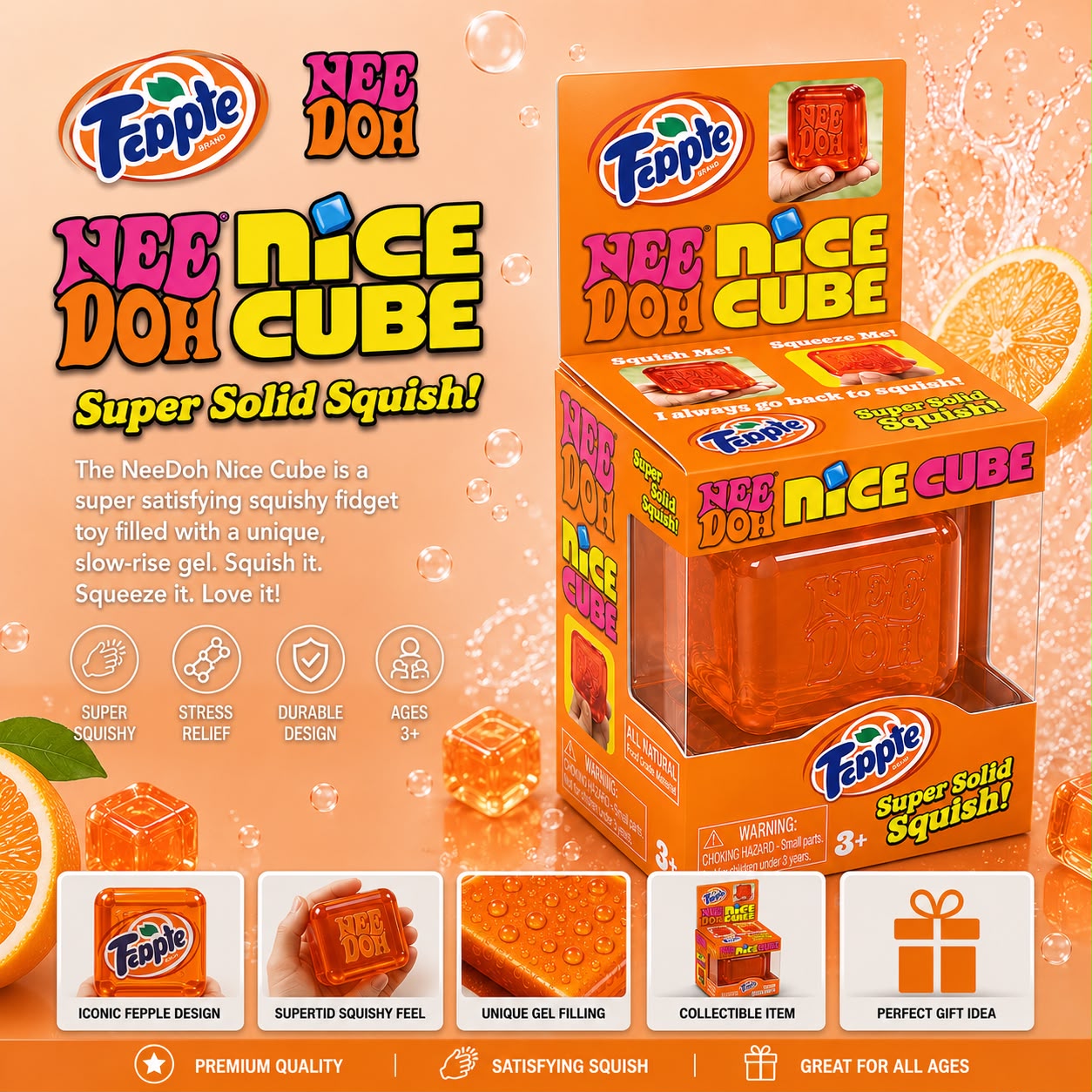 Needoh Orange Nice Cube Squishy Stress Relief Sensory Fidget Toy