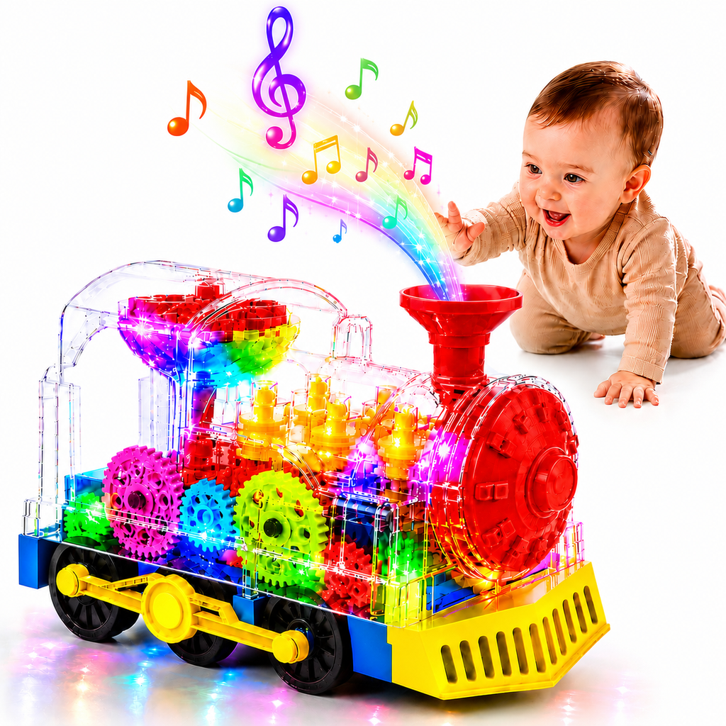 Light Up Transparent Gear Train Toy for Kids, Musical LED Crawling & Tummy Time Baby Toy