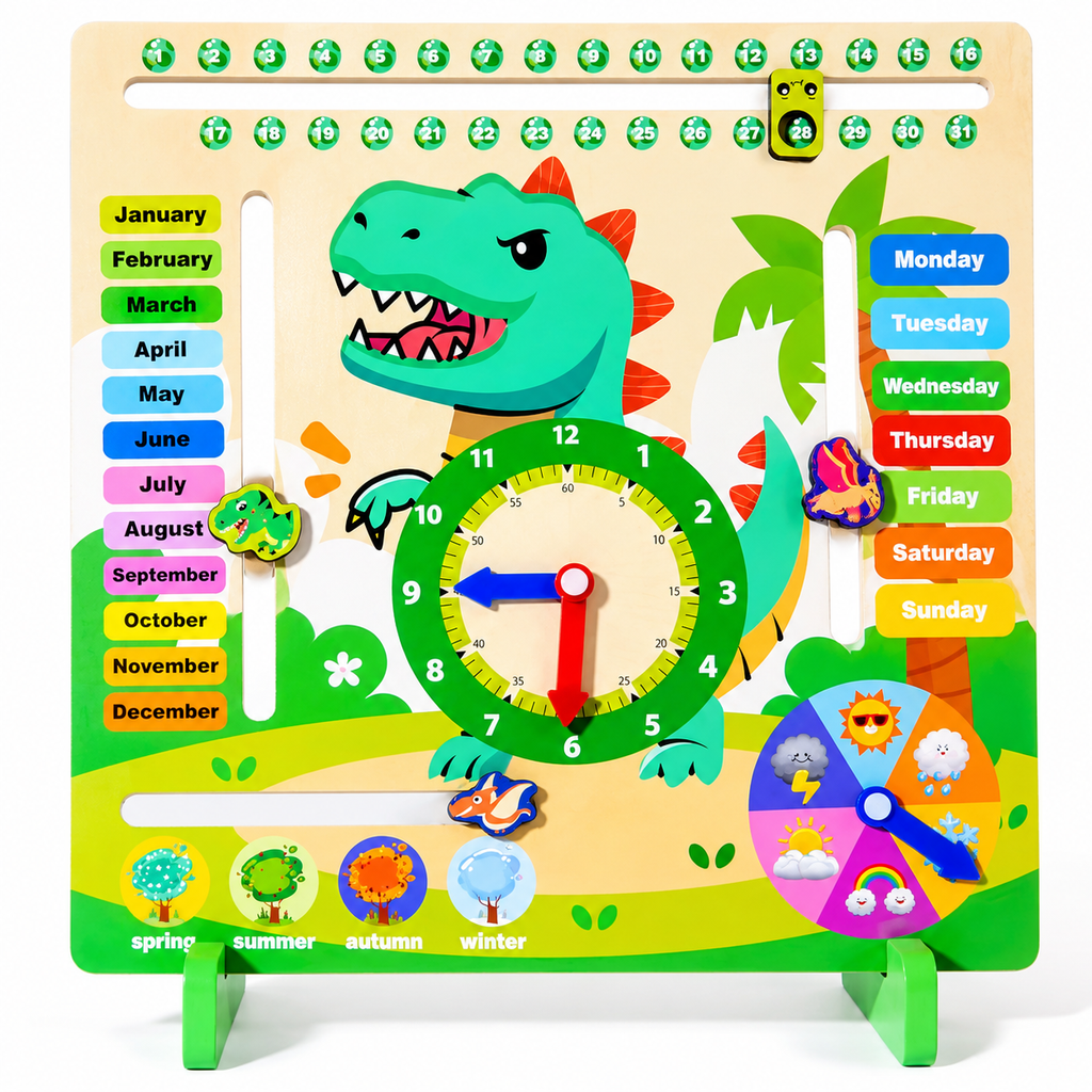 Dinosaur Montessori Wooden Calendar & Clock – Educational Toy for Kids