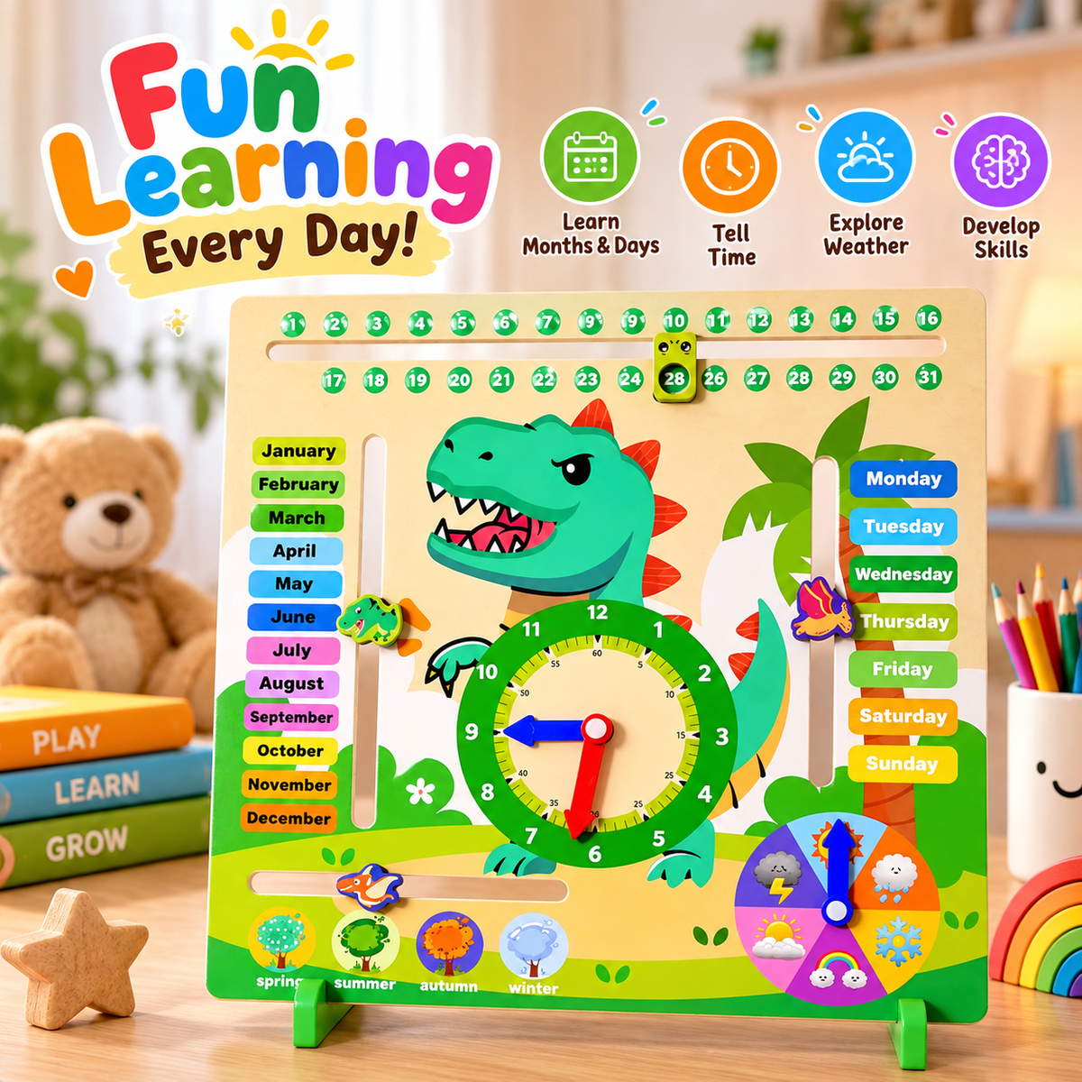 Dinosaur Montessori Wooden Calendar & Clock – Educational Toy for Kids