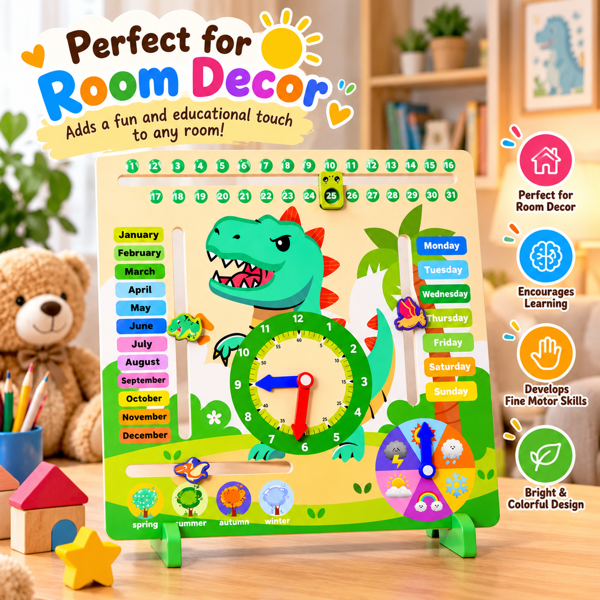 Dinosaur Montessori Wooden Calendar & Clock – Educational Toy for Kids