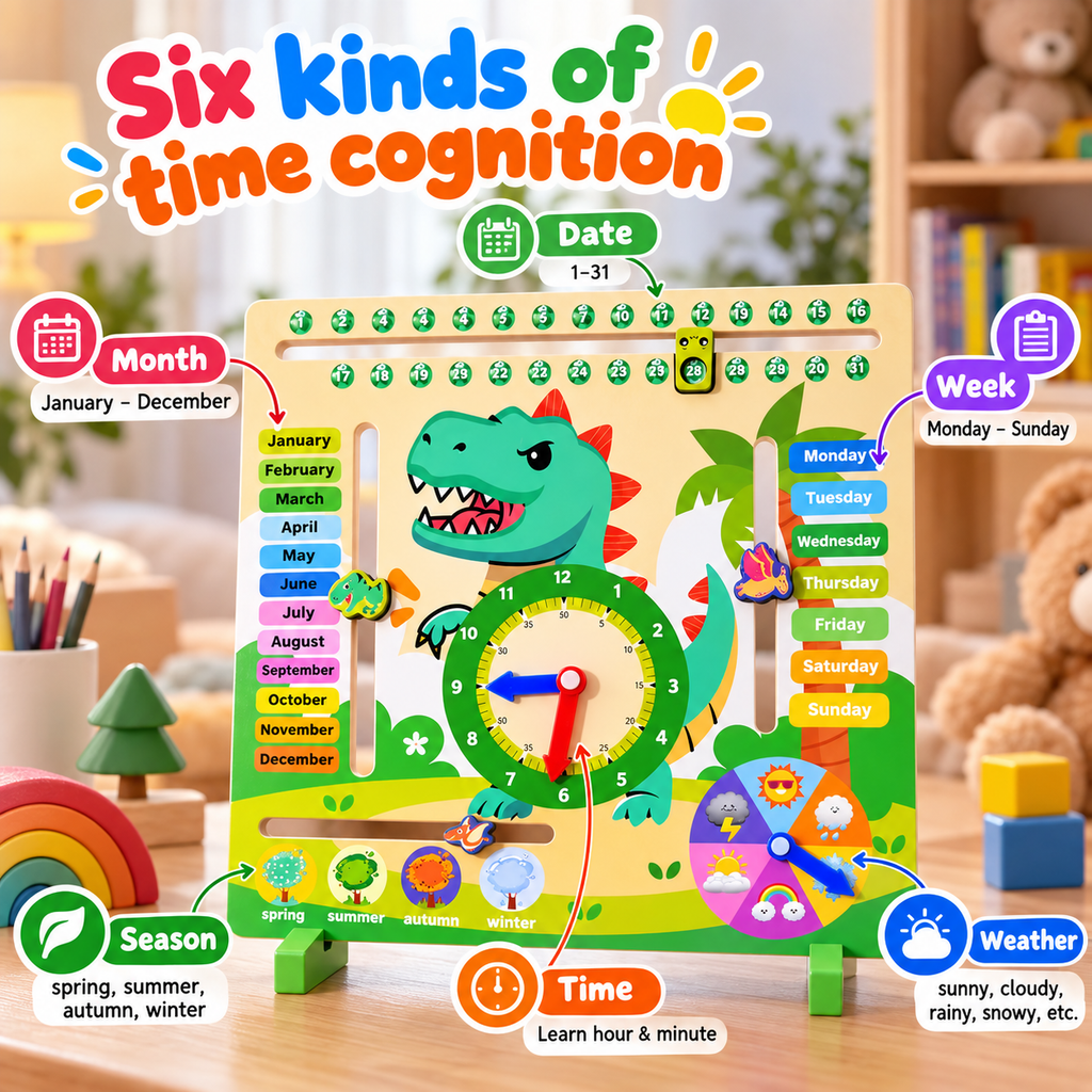 Dinosaur Montessori Wooden Calendar & Clock – Educational Toy for Kids