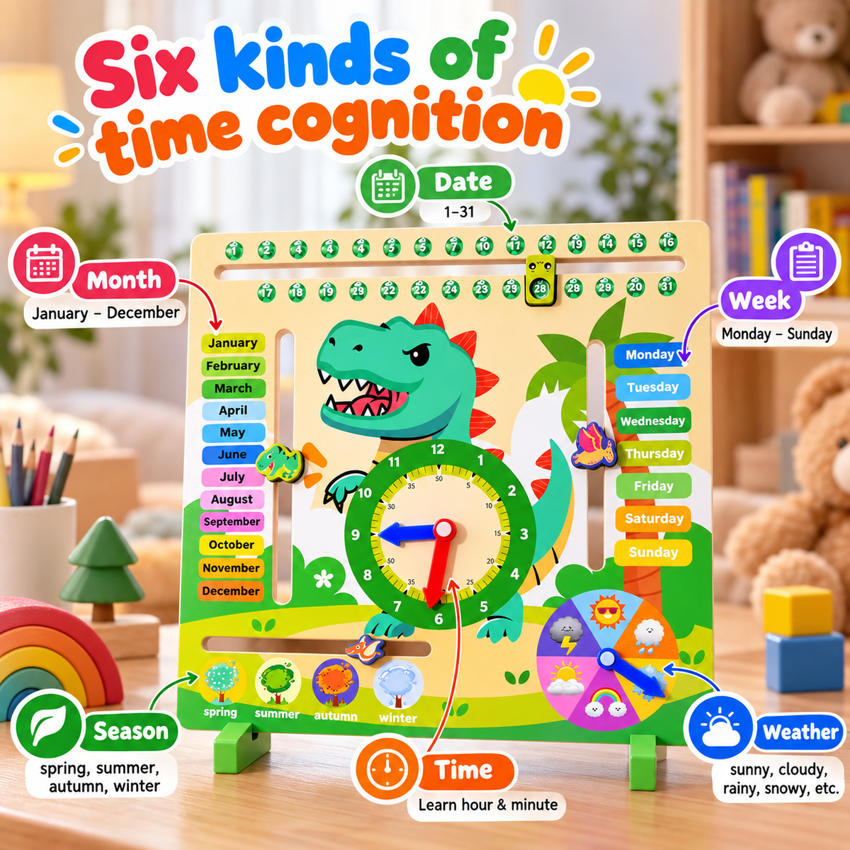 Dinosaur Montessori Wooden Calendar & Clock – Educational Toy for Kids