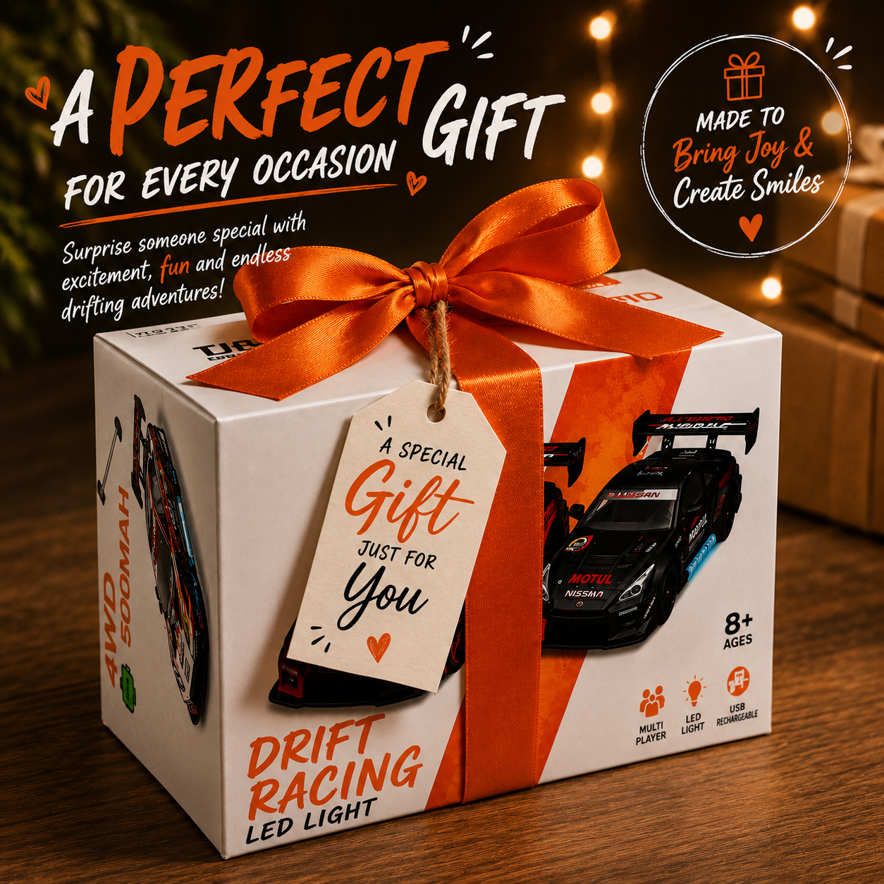 2.4GHz RC Drift Racing Car with Extra Tires & Cones, LED Lights & Rechargeable Battery for Kids