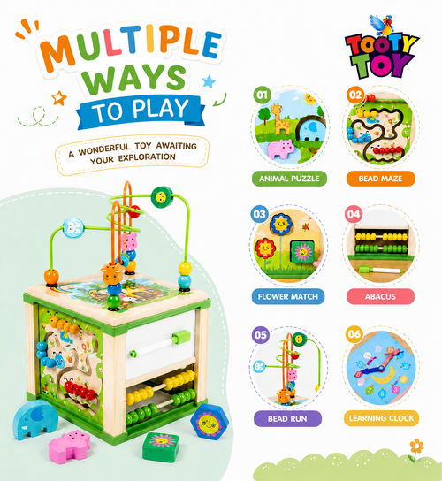 Montessori Wooden Activity Cube for Toddlers – Educational Learning Toy with Bead Maze, Shape Sorter, Clock & Abacus for Kids