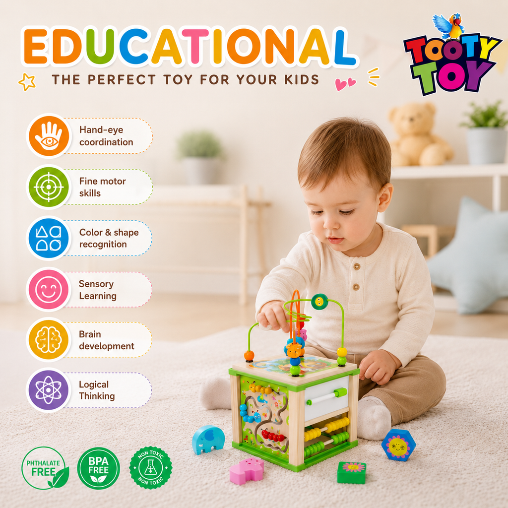 Montessori Wooden Activity Cube for Toddlers – Educational Learning Toy with Bead Maze, Shape Sorter, Clock & Abacus for Kids