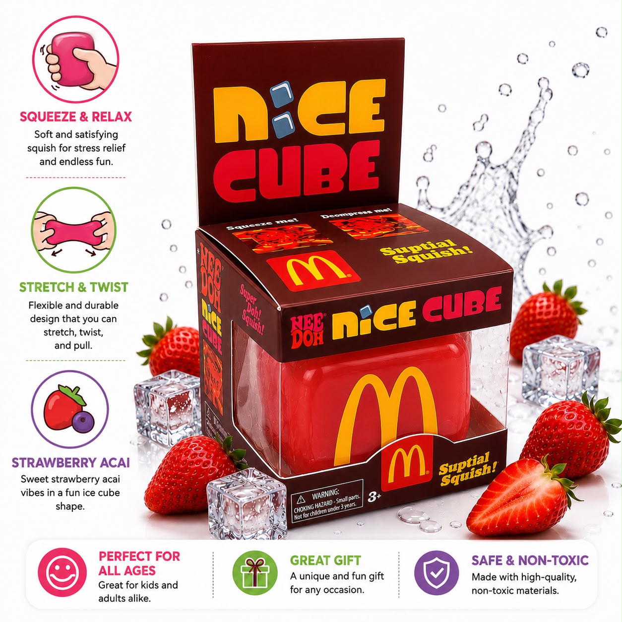 NeeDoh Nice Cube Strawberry Acai Squishy Fidget Toy – Stress Relief Squeeze Toy