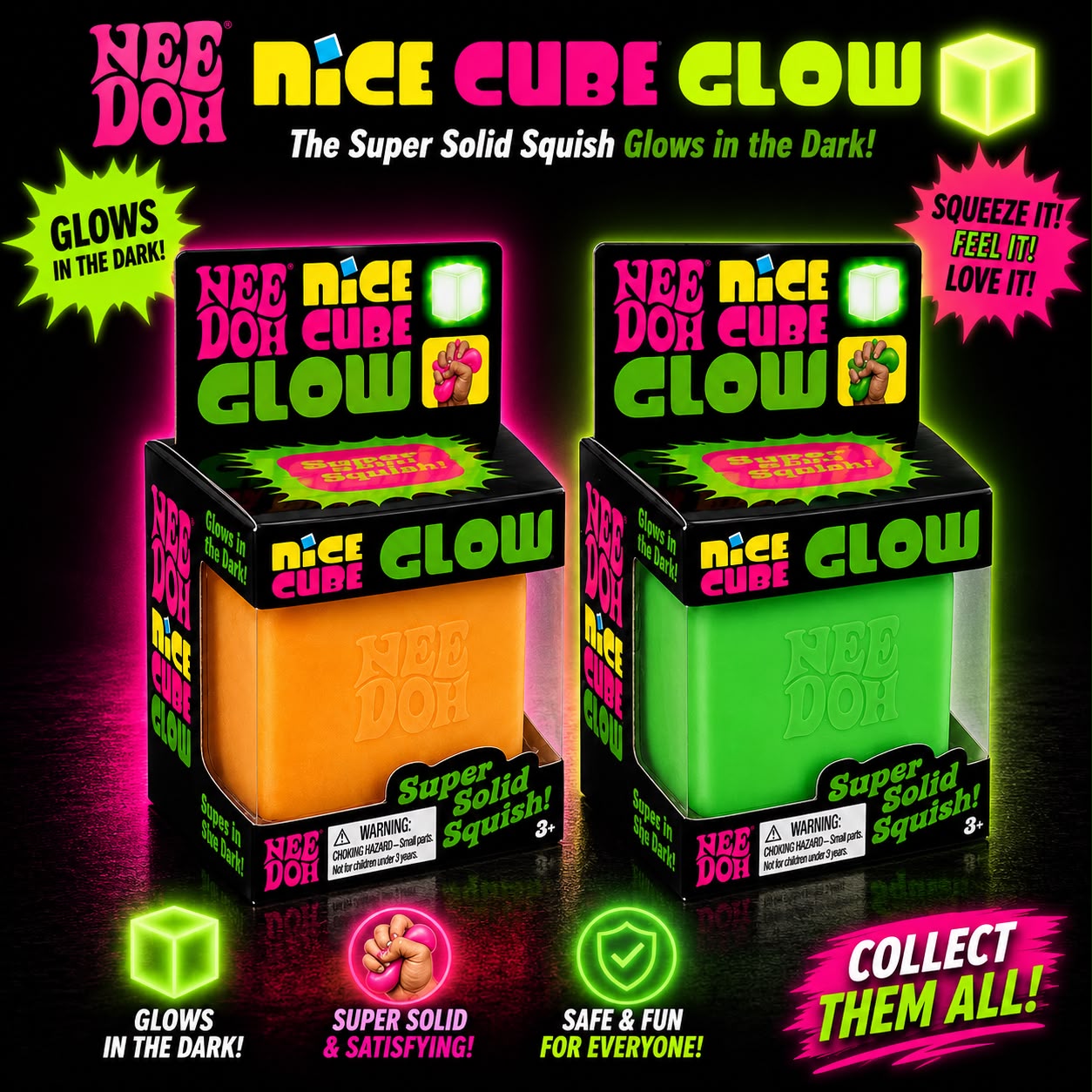 NeeDoh Nice Cube Glow in the Dark Slime Bucket – Super Stretchy Sensory Toy