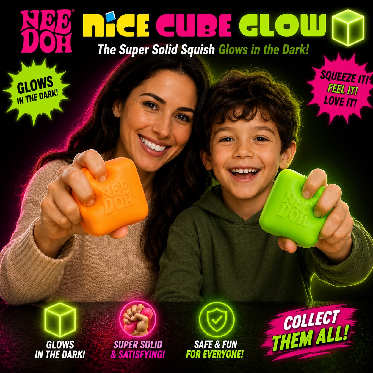 NeeDoh Nice Cube Glow in the Dark Slime Bucket – Super Stretchy Sensory Toy