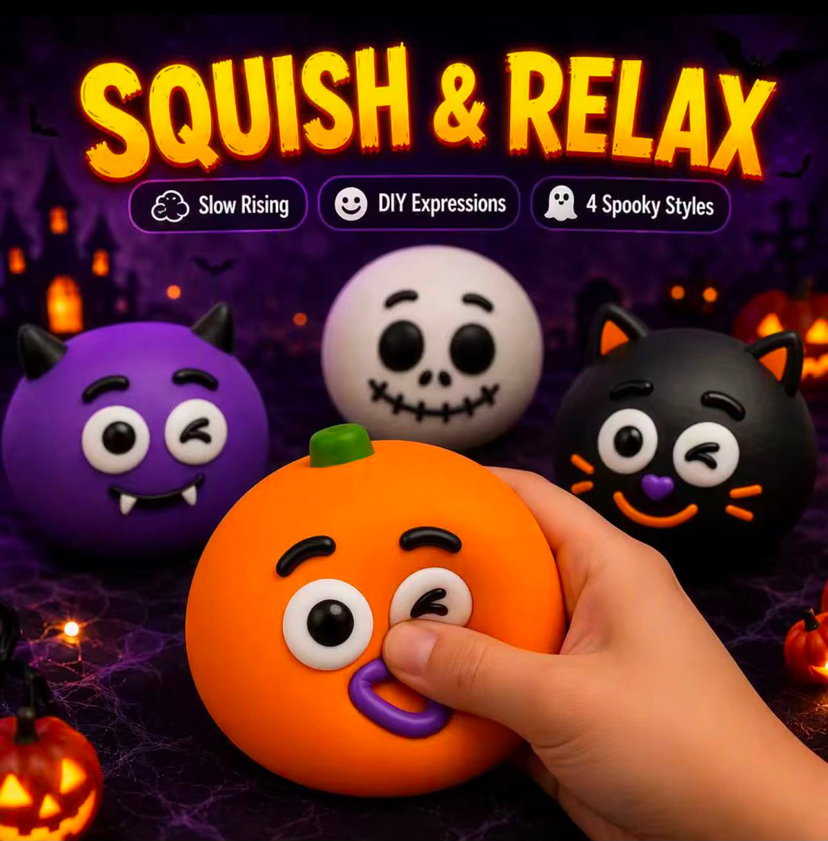 Halloween Squishy Toys – 4 Spooky Styles | Slow Rising Stress Relief Toy | DIY Face Expressions
